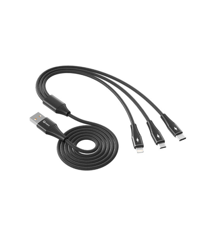 Cable triple qcharx napoli usb a lightning + tipo c + micro  3a - 1.2 m - aleación de aluminio negro cordon suave
