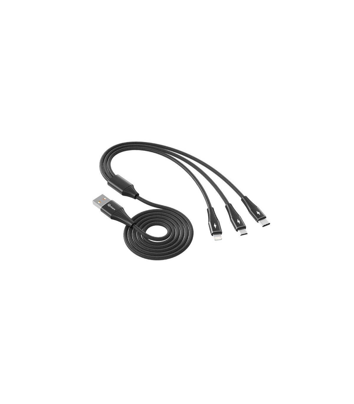 Cable triple qcharx napoli usb a lightning + tipo c + micro  3a - 1.2 m - aleación de aluminio negro cordon suave