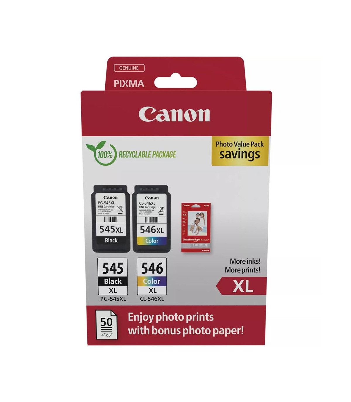 Multipack tinta canon pg - 545xl - cl - 546xl + papel 50 hojas