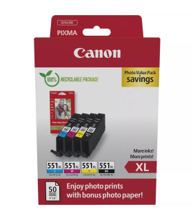 Multipack canon cli - 551xl b - c - m - y + 50 hojas papel fotografico