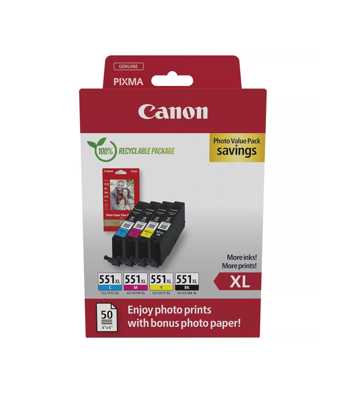 Multipack canon cli - 551xl b - c - m - y + 50 hojas papel fotografico