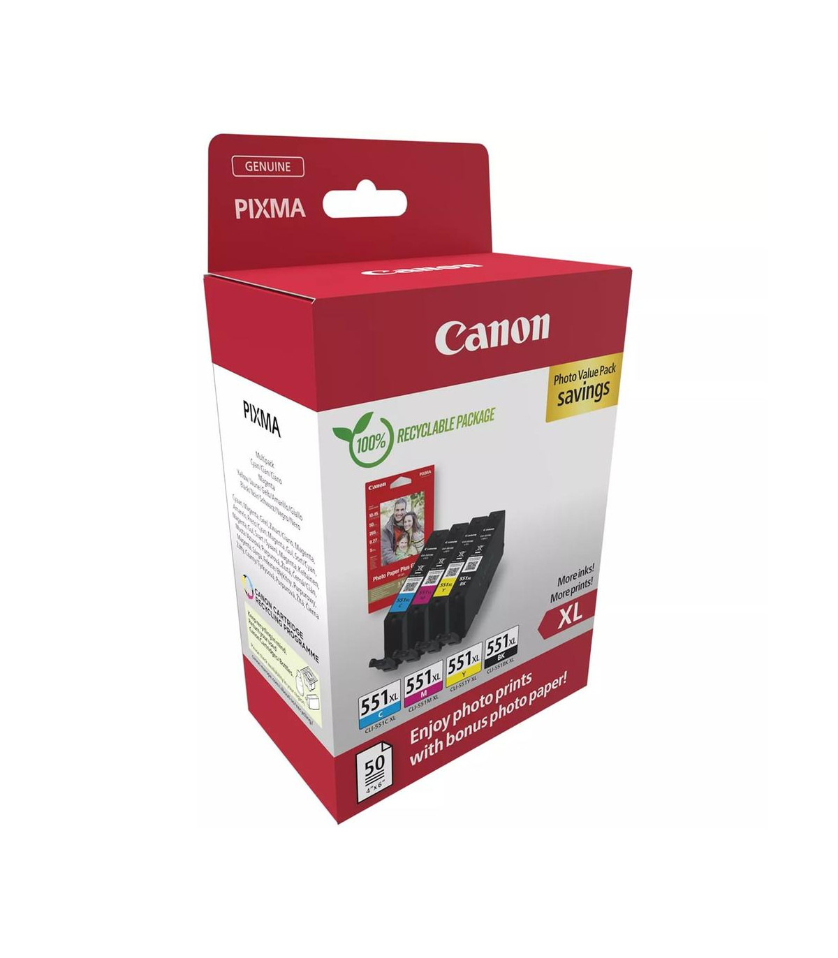 Multipack canon cli - 551xl b - c - m - y + 50 hojas papel fotografico