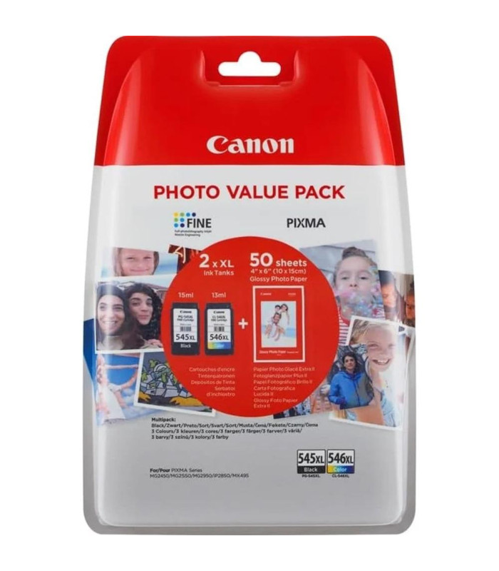 Multipack canon pg 545 xl+ cl 546 xl + papel 50 hojas (con alarmado)