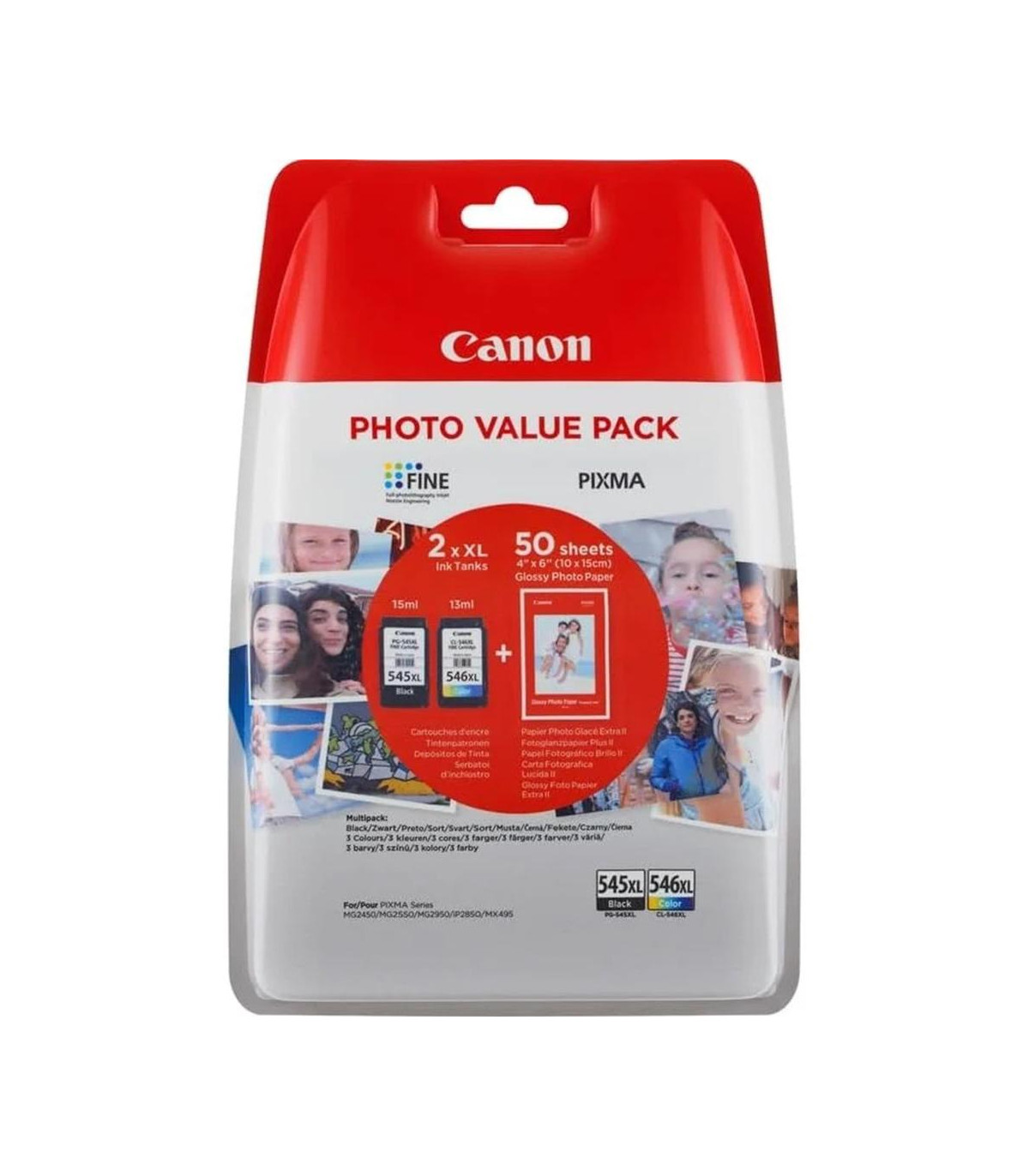 Multipack canon pg 545 xl+ cl 546 xl + papel 50 hojas (con alarmado)