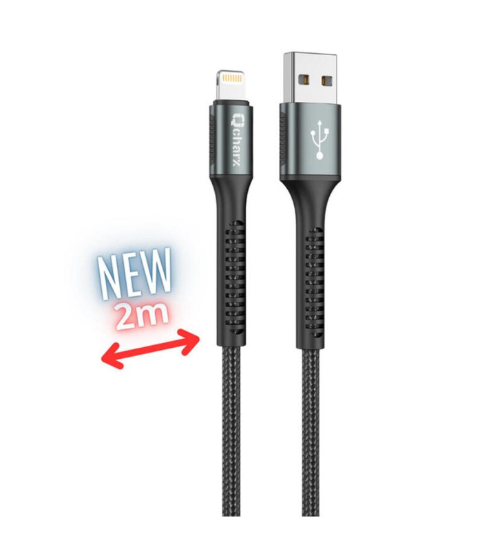 Cable qcharx prague lightning usb tipo a - 2m - aleacion de aluminio negro cordon de tela suave