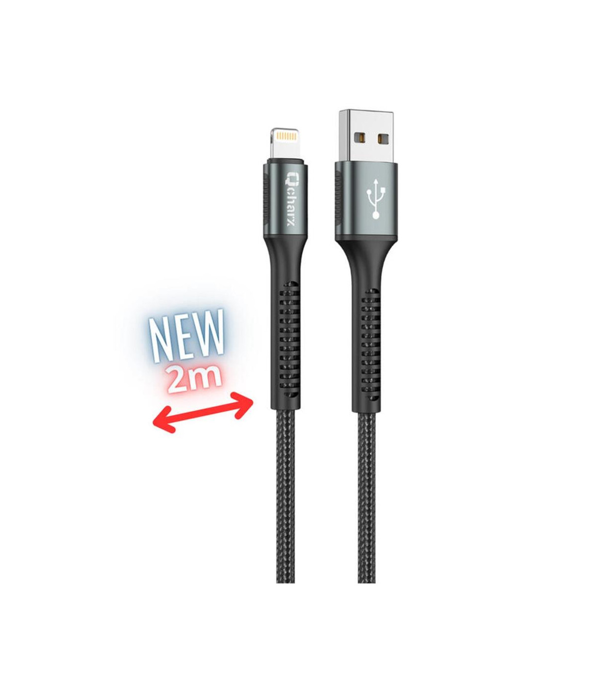 Cable qcharx prague lightning usb tipo a - 2m - aleacion de aluminio negro cordon de tela suave