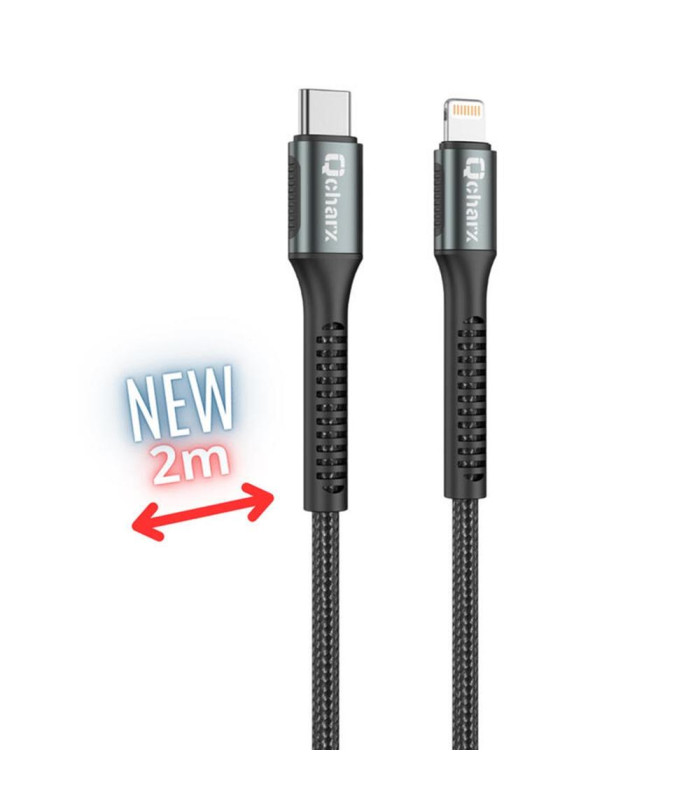 Cable qcharx prague usb tipo c a lightning - 2m - aleacion de aluminio negro cordon de tela suave