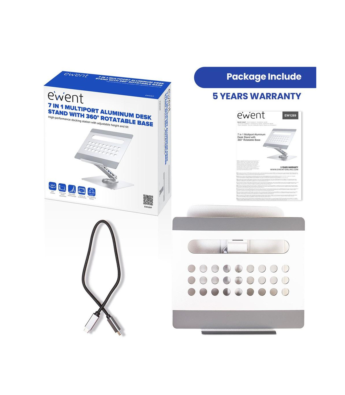 Soporte de escritorio para portatil ewent ew1269 360º + docking station 7 en 1