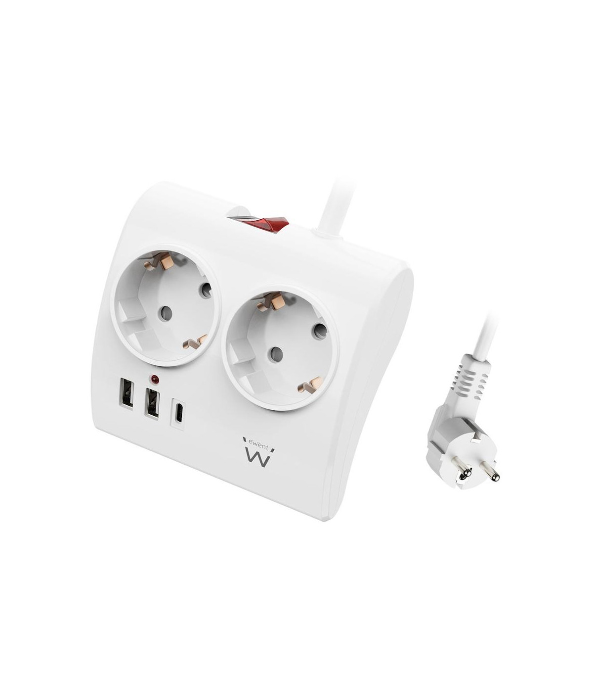Regleta ewent 2 tomas shucko 2 puertos usb tipo a 1 puerto usb tipo c interruptor blanco