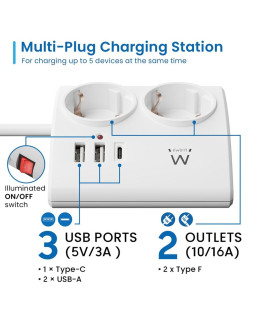 Regleta ewent 2 tomas shucko 2 puertos usb tipo a 1 puerto usb tipo c interruptor blanco