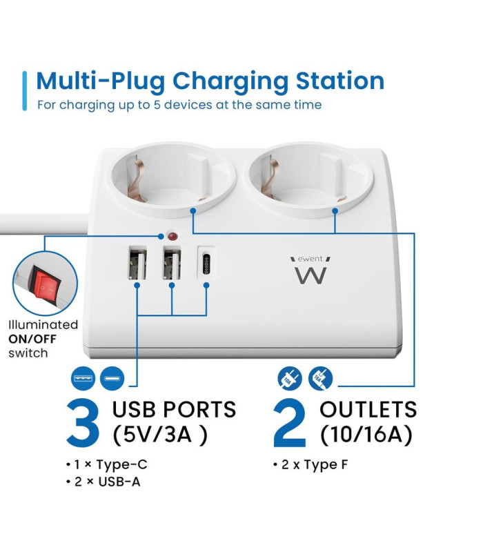Regleta ewent 2 tomas shucko 2 puertos usb tipo a 1 puerto usb tipo c interruptor blanco