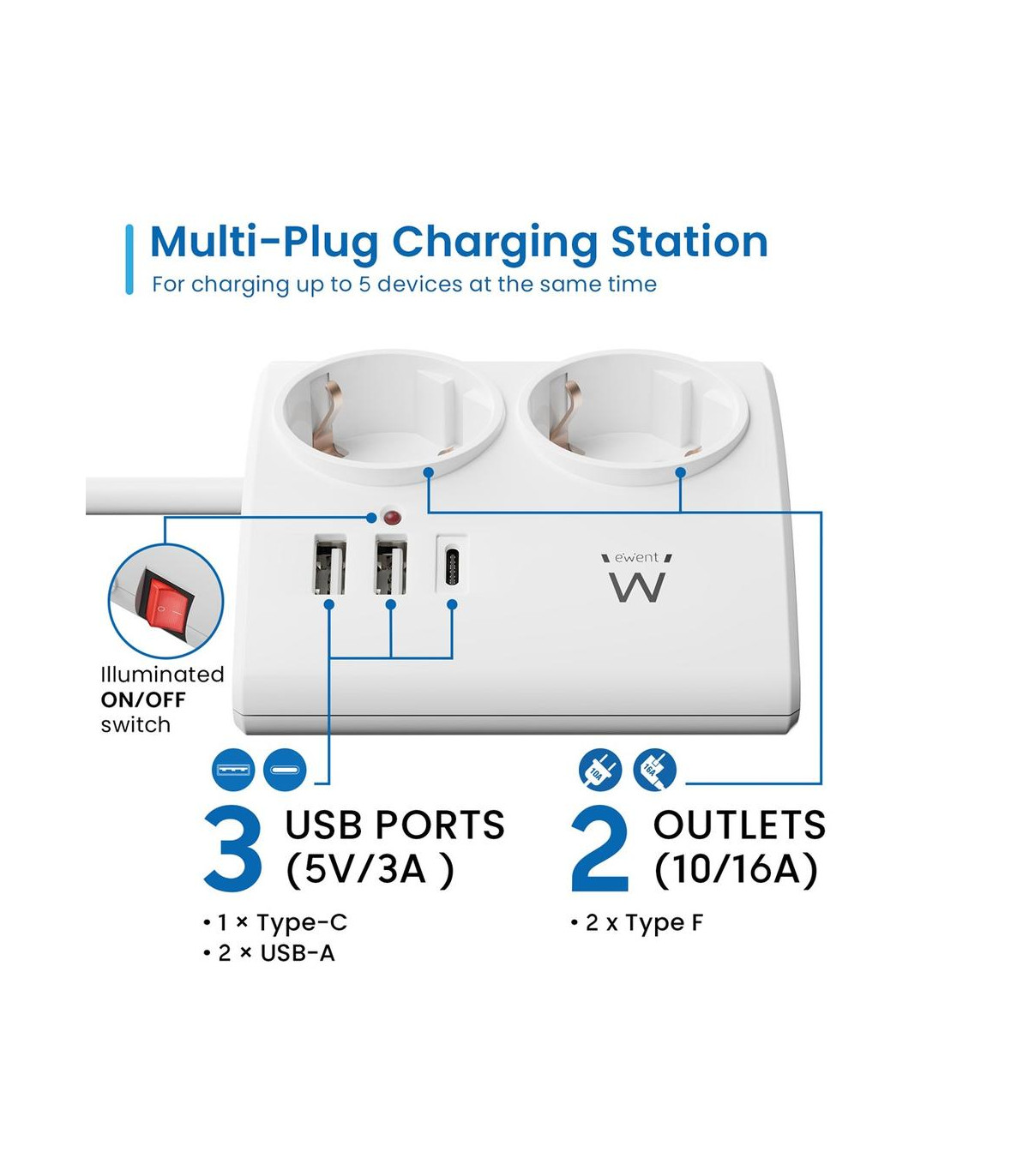 Regleta ewent 2 tomas shucko 2 puertos usb tipo a 1 puerto usb tipo c interruptor blanco