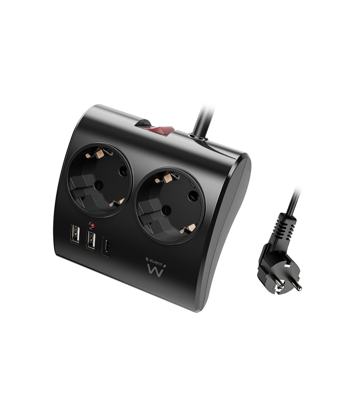 Regleta ewent 2 tomas shucko 2 puertos usb tipo a 1 puerto usb tipo c interruptor negro