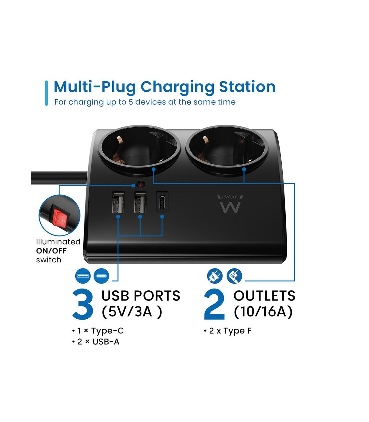 Regleta ewent 2 tomas shucko 2 puertos usb tipo a 1 puerto usb tipo c interruptor negro
