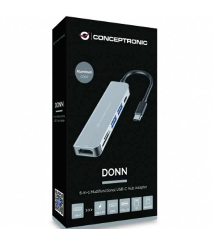 Adaptador hub 6 en 1 conceptronic usb tipo c a hdmi - usbc - usb 3.0 - sd - tf