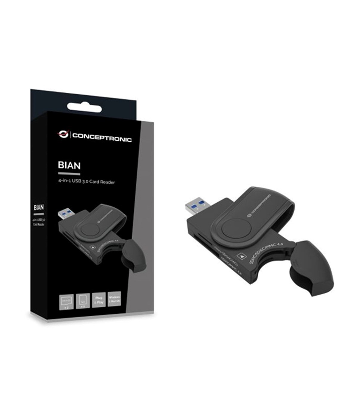 Lector de tarjetas externo usb 3.0 4 en 1 conceptronic bian04b sd - sdhc - sdxc micro sd -  t flash