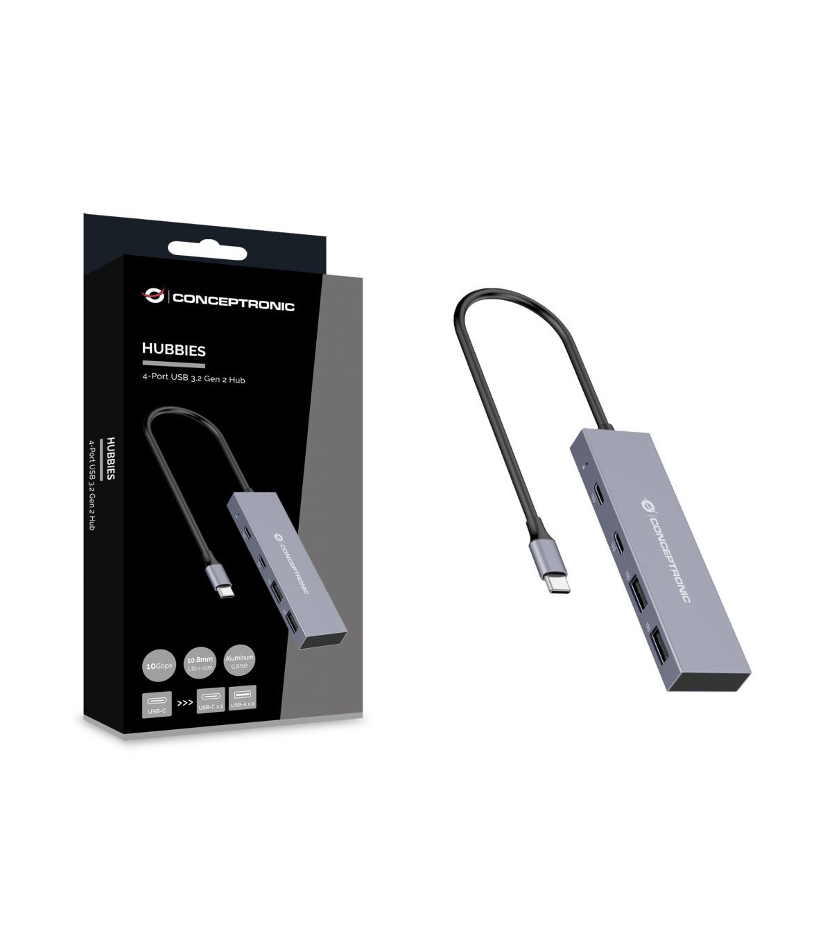 Hub usb tipo c conceptronic hubbies13g 2 x usb tipo c - 2 x usb tipo a - aluminio