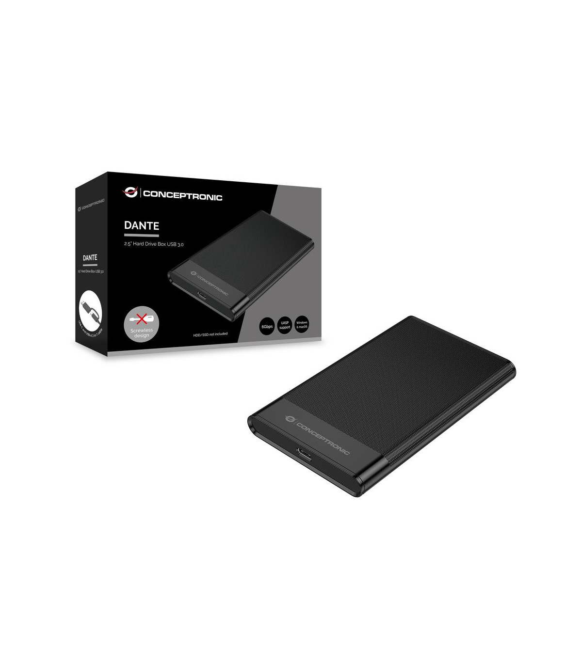 Caja externa 2.5 pulgadas usb - c conceptronic dante06b hasta 6gbs de 7mm hasta 9.5mm