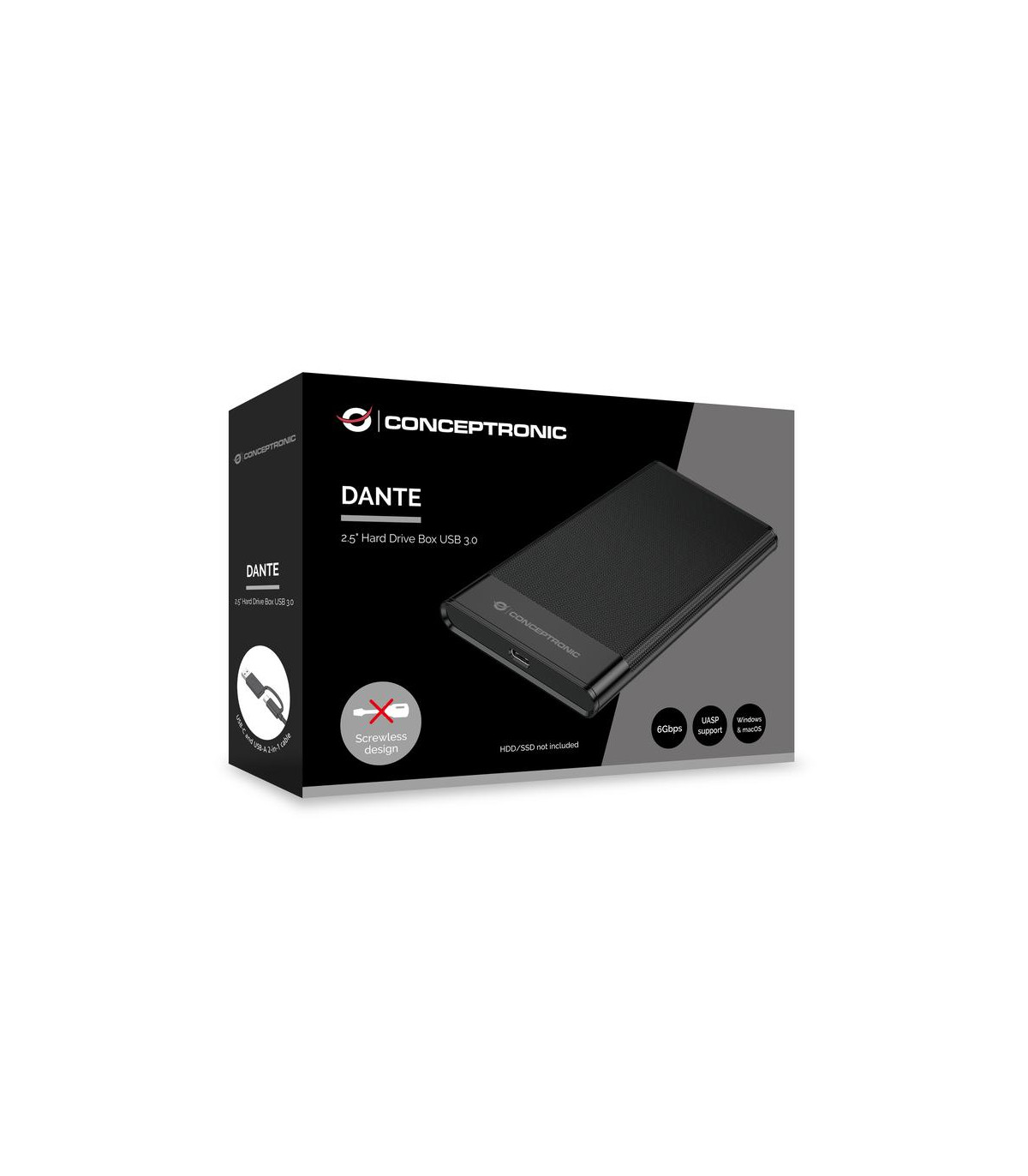 Caja externa 2.5 pulgadas usb - c conceptronic dante06b hasta 6gbs de 7mm hasta 9.5mm