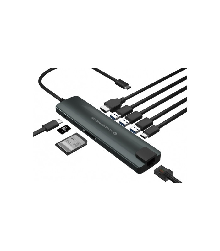 Adaptador conceptronic usb tipo c 9 en 1 hdmi -  usb - c -  pd -  usb 3.0 -  sd -  micro sd -  rj45