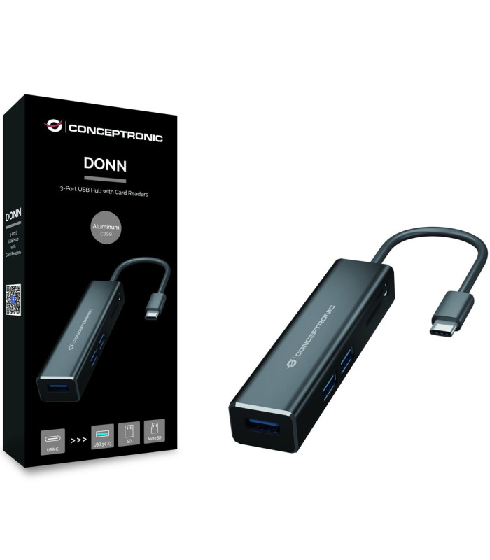 Adaptador conceptronic usb tipo c a hub usb 3 puertos con lector de tarjetas