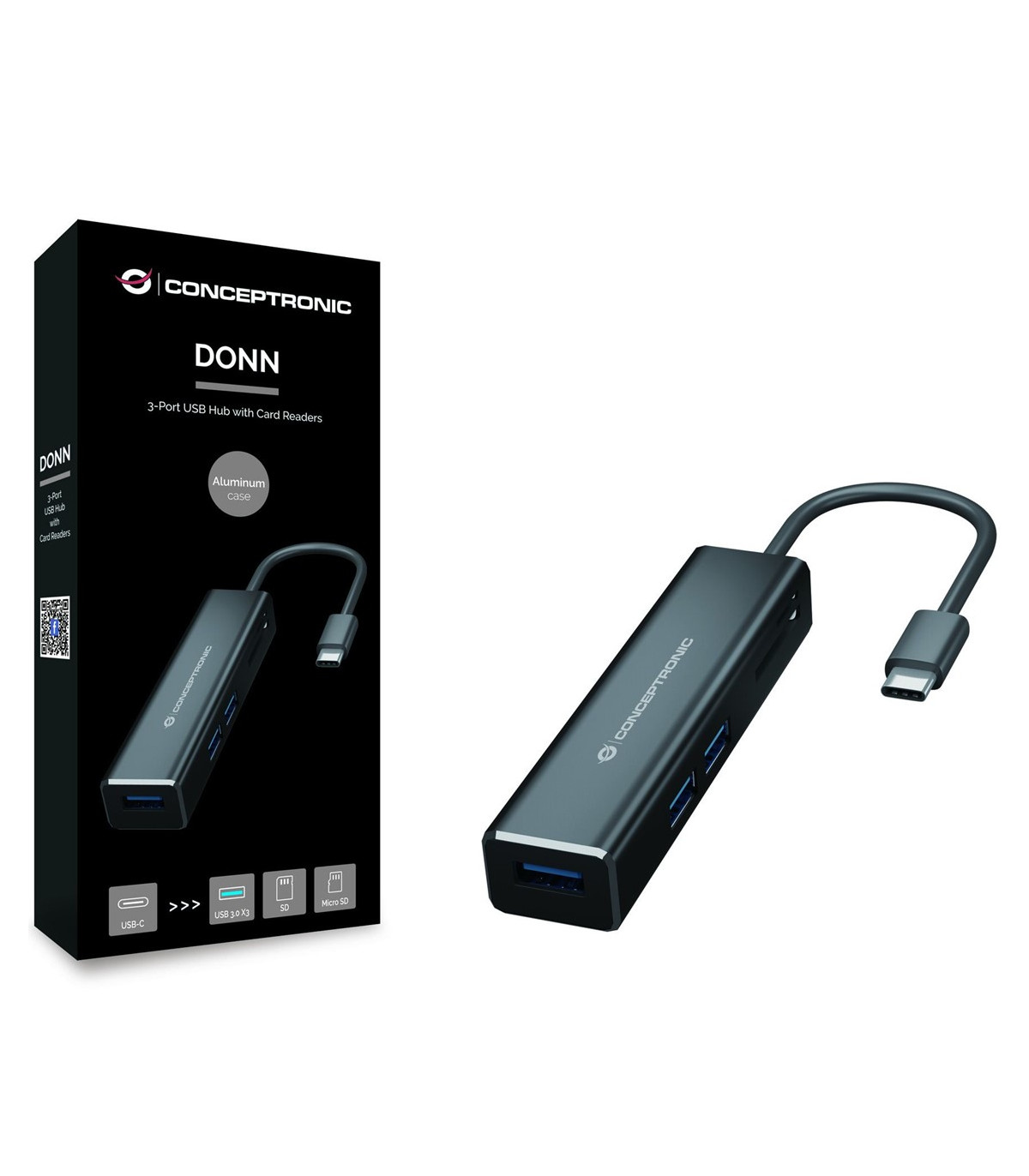 Adaptador conceptronic usb tipo c a hub usb 3 puertos con lector de tarjetas