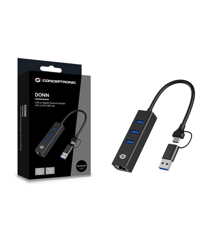 Adaptador conceptronic usb a gigabit ethernet rj45 -   con hub usb 3.0 - 3 puertos - adaptador usb - c