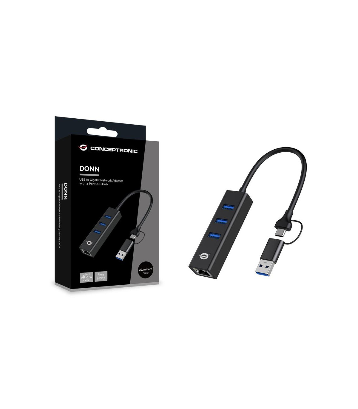 Adaptador conceptronic usb a gigabit ethernet rj45 -   con hub usb 3.0 - 3 puertos - adaptador usb - c