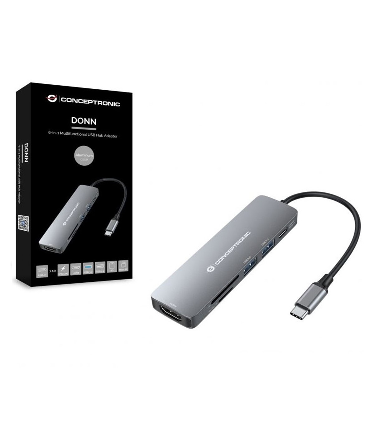 Adaptador usb - c 6en1 conceptronic donn11 -  hdmi usb 3.0 - lector sd