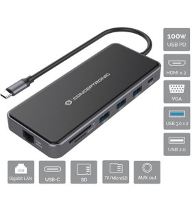 Adaptador conceptronic usb tipo c a gigabit ethernet rj45 -  hdmi -  vga -  con hub usb 3 puertos -  usb tipo c -  lector de tar