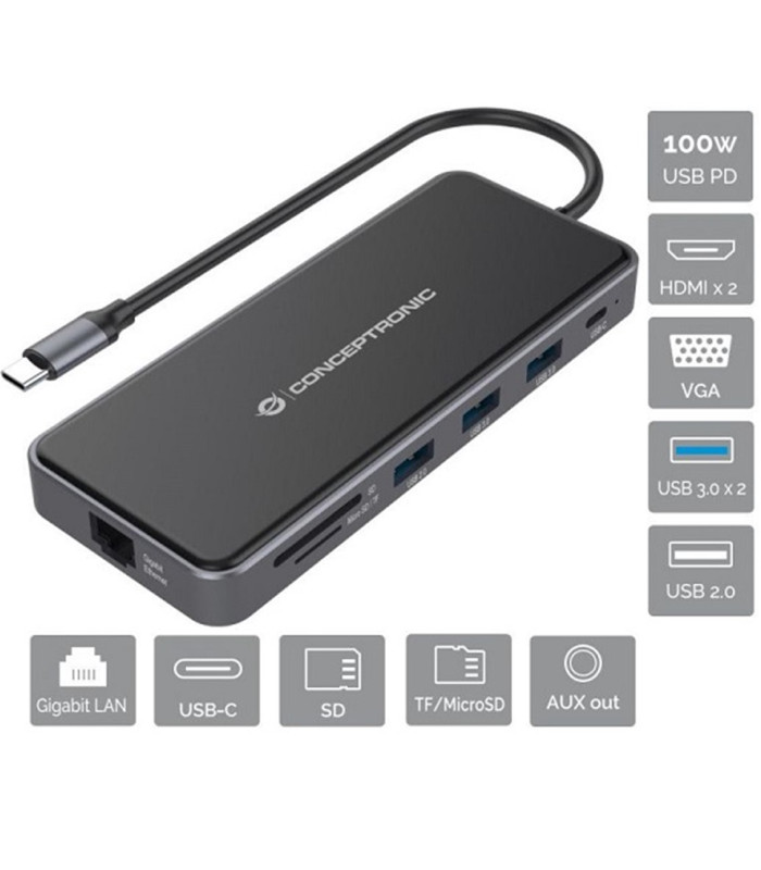 Adaptador conceptronic usb tipo c a gigabit ethernet rj45 -  hdmi -  vga -  con hub usb 3 puertos -  usb tipo c -  lector de tar