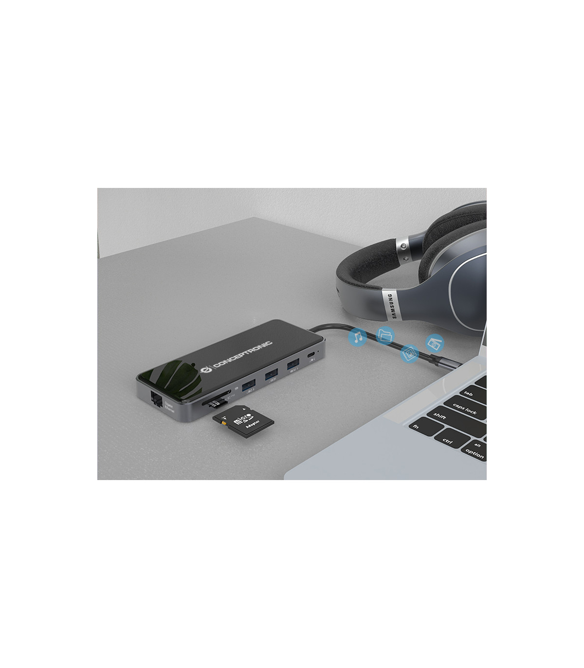 Adaptador conceptronic usb tipo c a gigabit ethernet rj45 -  hdmi -  vga -  con hub usb 3 puertos -  usb tipo c -  lector de tar