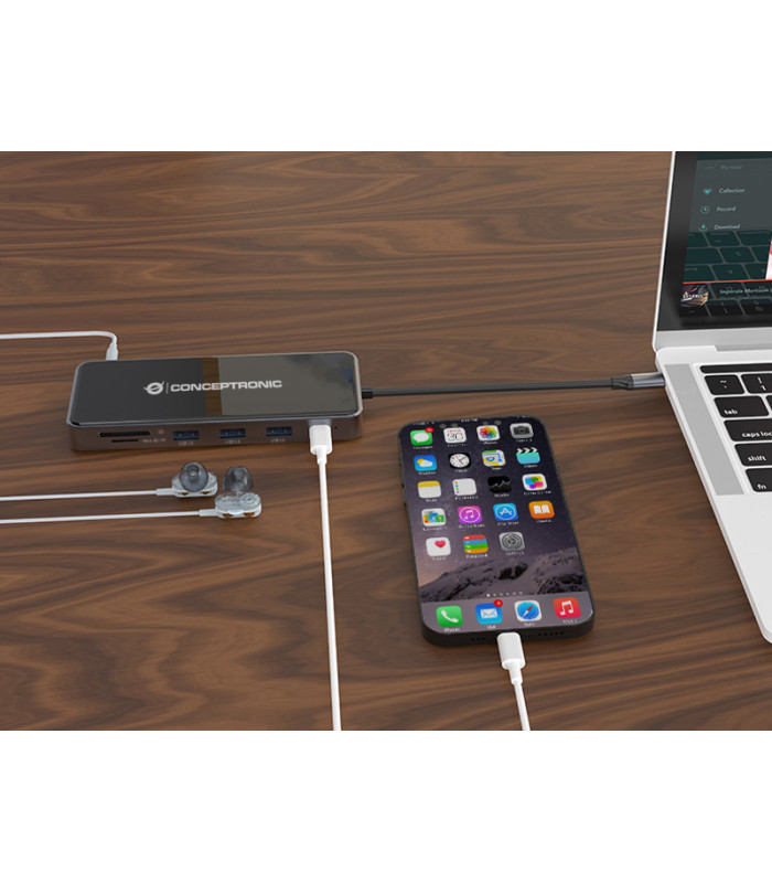 Adaptador conceptronic usb tipo c a gigabit ethernet rj45 -  hdmi -  vga -  con hub usb 3 puertos -  usb tipo c -  lector de tar