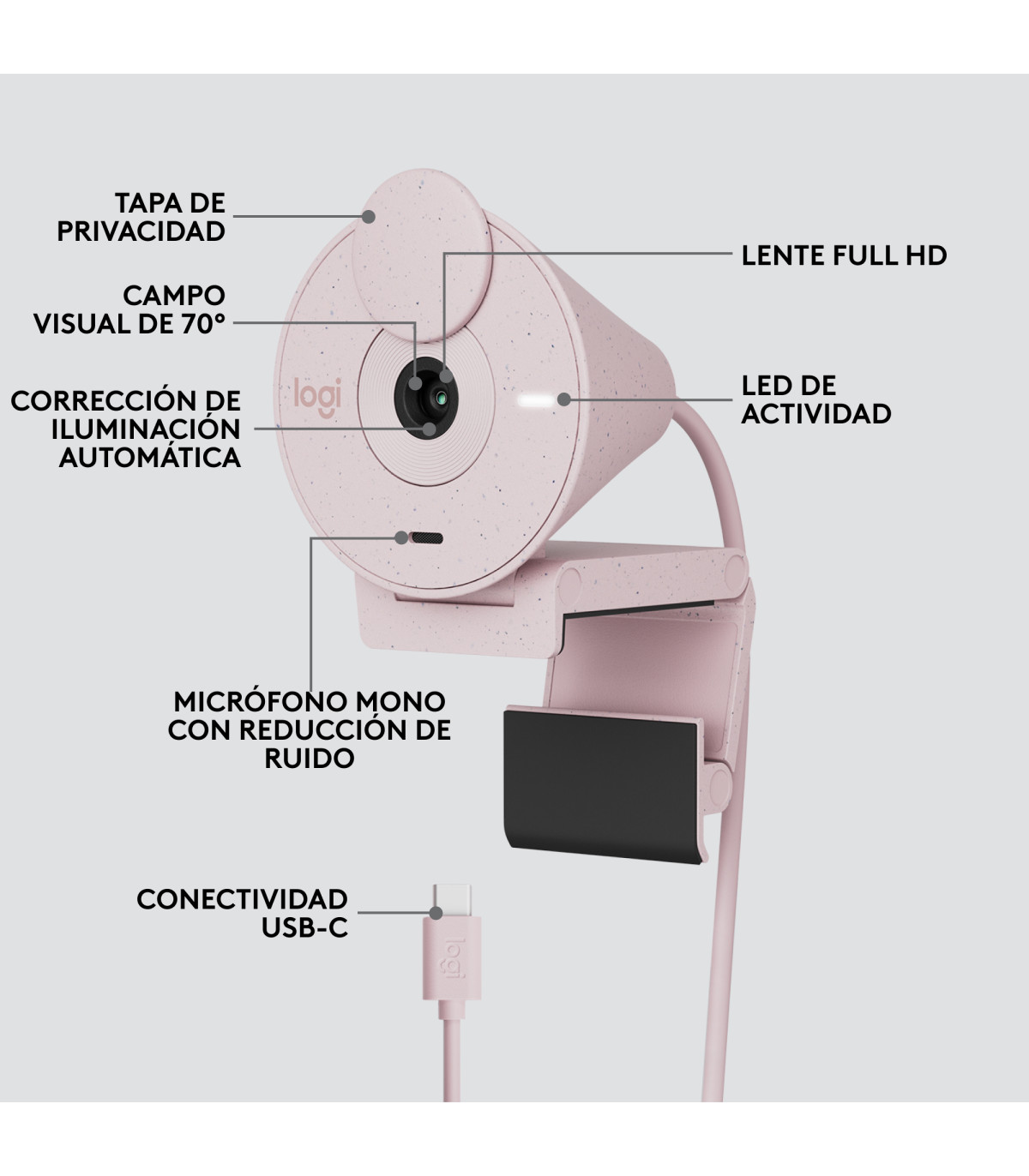 Webcam logitech brio 300 rosado full hd -  usb tipo c