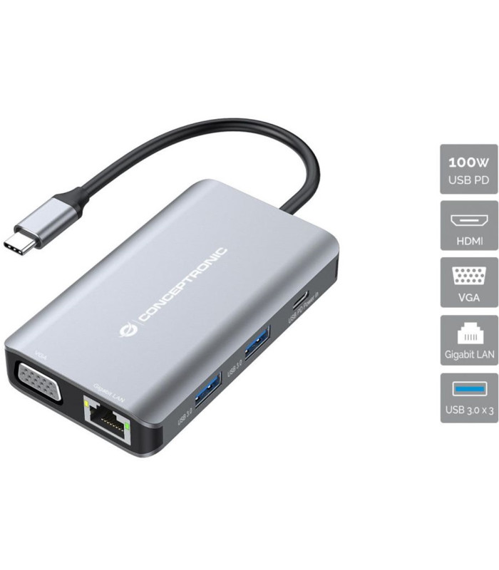 Docking station conceptronic donn21g 7 en 1 3 x usb 3.0 - 1 x hdmi - 1 x vga - 1 x rj45 - 1 x usb tipo c