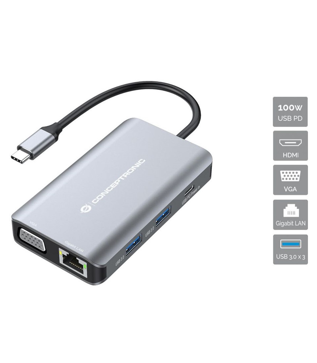 Docking station conceptronic donn21g 7 en 1 3 x usb 3.0 - 1 x hdmi - 1 x vga - 1 x rj45 - 1 x usb tipo c