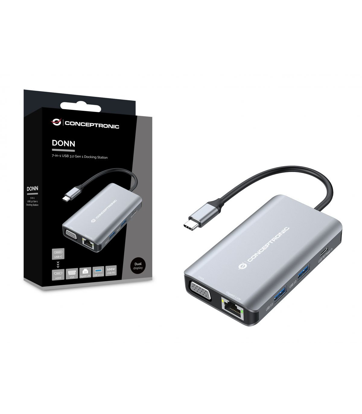 Docking station conceptronic donn21g 7 en 1 3 x usb 3.0 - 1 x hdmi - 1 x vga - 1 x rj45 - 1 x usb tipo c