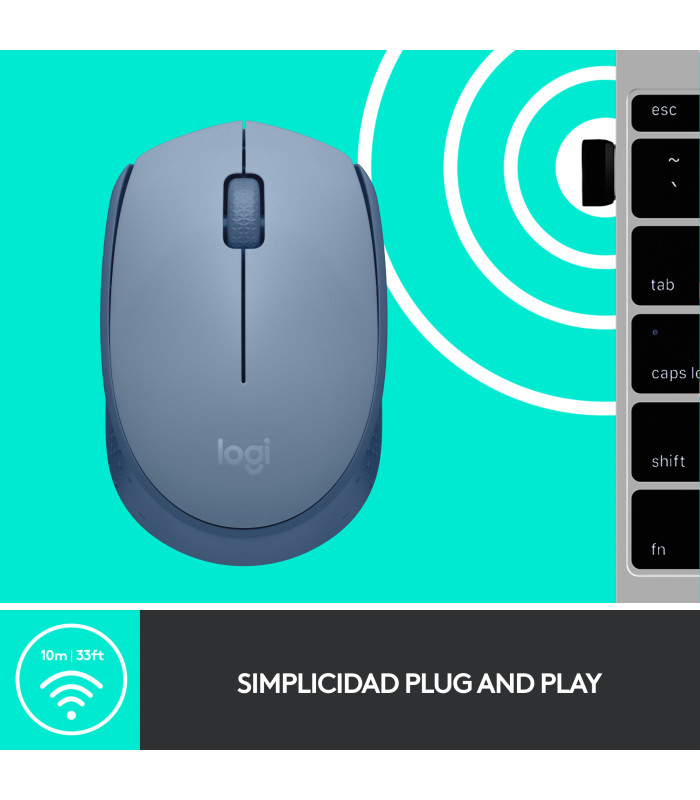 Mouse raton logitech m171 optico wireless inalambrico gris azulado
