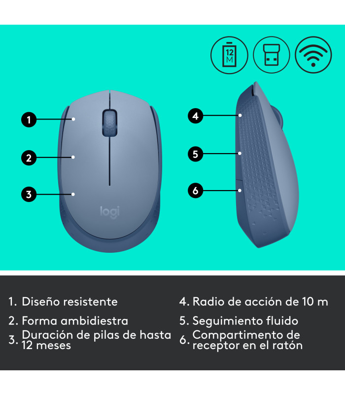 Mouse raton logitech m171 optico wireless inalambrico gris azulado