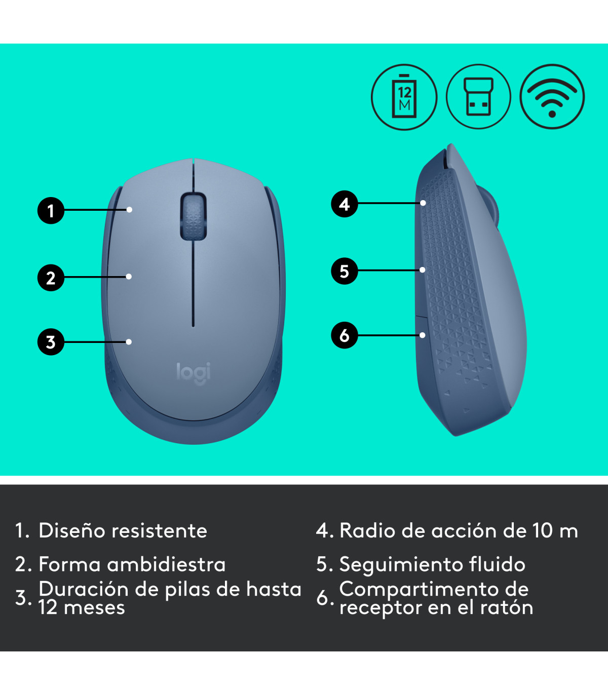 Mouse raton logitech m171 optico wireless inalambrico gris azulado
