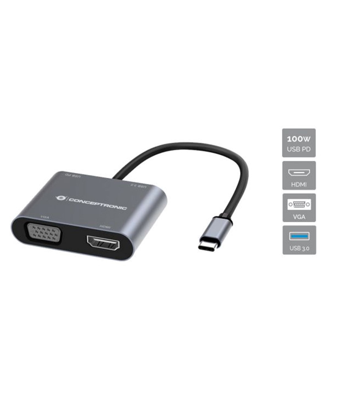 Hub usb tipo c conceptronic donn16g 1 x hdmi - 1 x vga - 1 x usb tipo c - 1 x usb 3.0