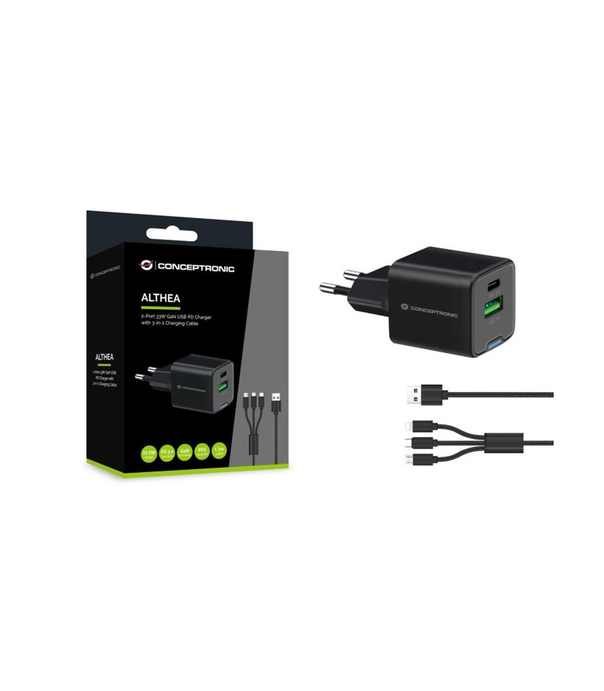 Cargador de pared conceptronic althea16b 33w + cable usb 3.0 3 en 1