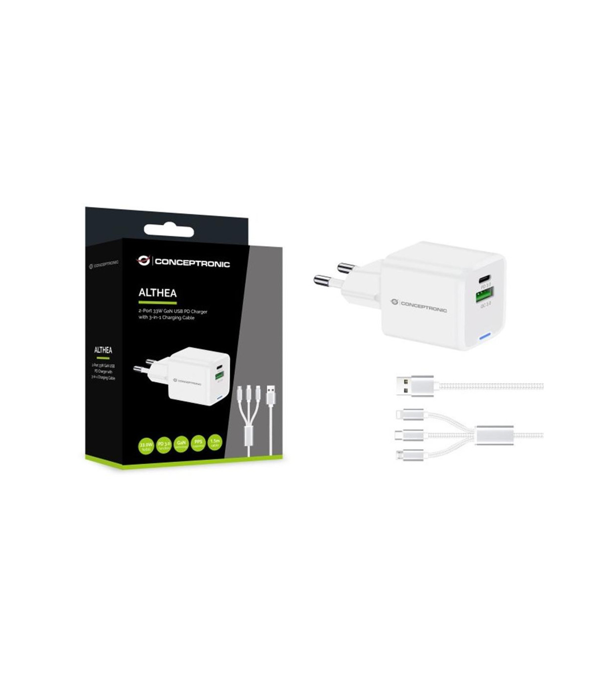 Cargador de pared conceptronic althea16w 33w + cable usb 3.0 3 en 1 blanco