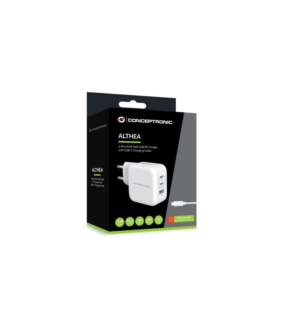 Cargador de pared conceptronic althea17w 67w + cable usb tipo c blanco