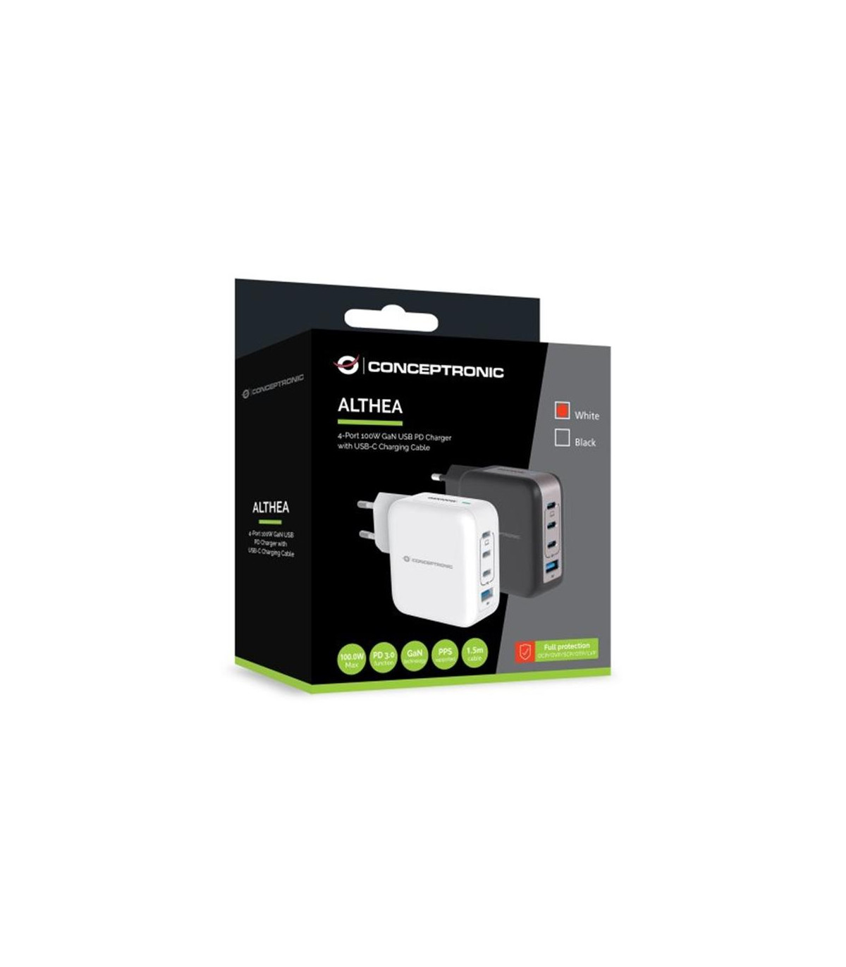 Cargador de pared conceptronic althea18w 100w + cable usb tipo c blanco