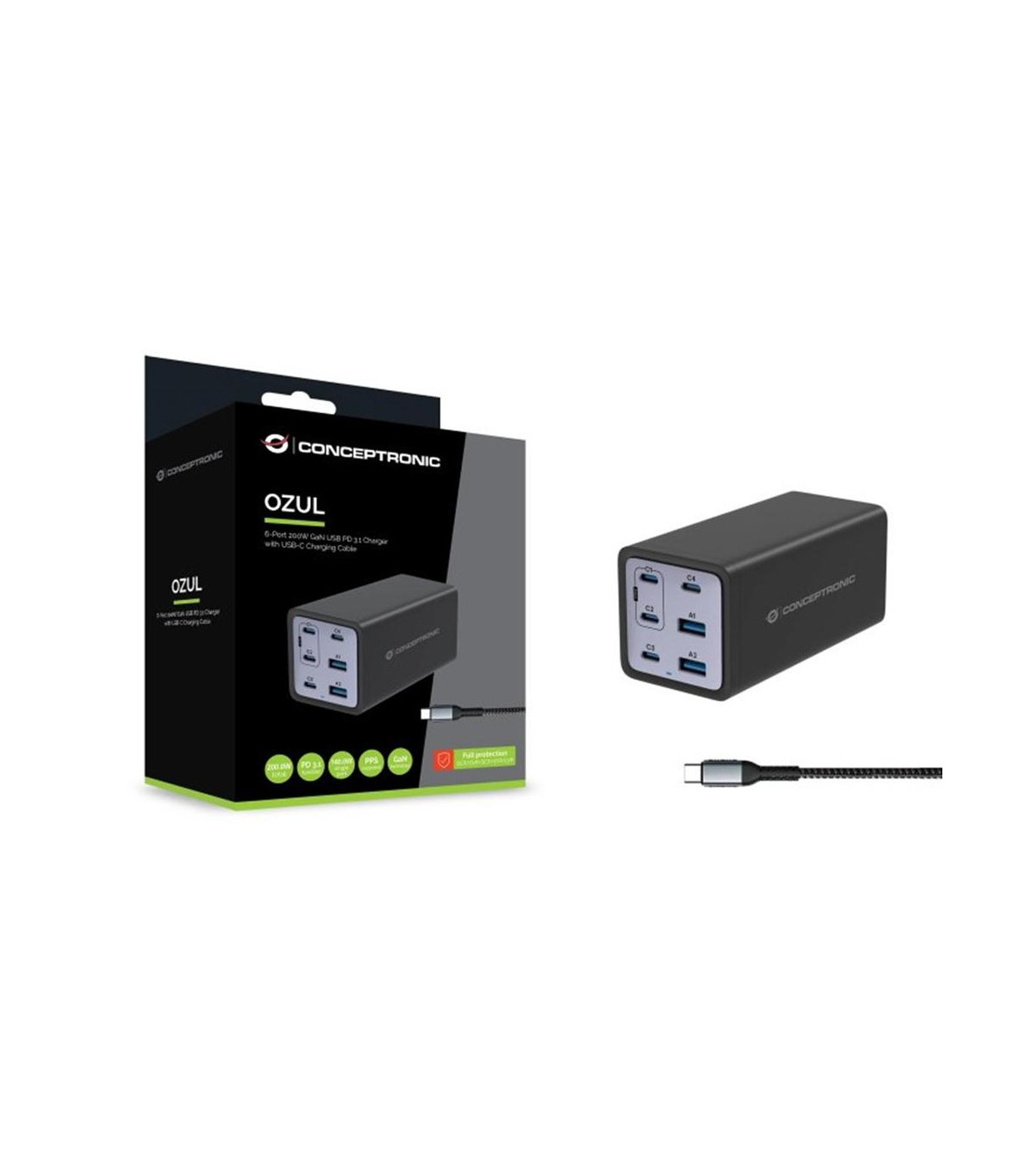 Cargador conceptronic ozul06be 200w + cable usb tipo c