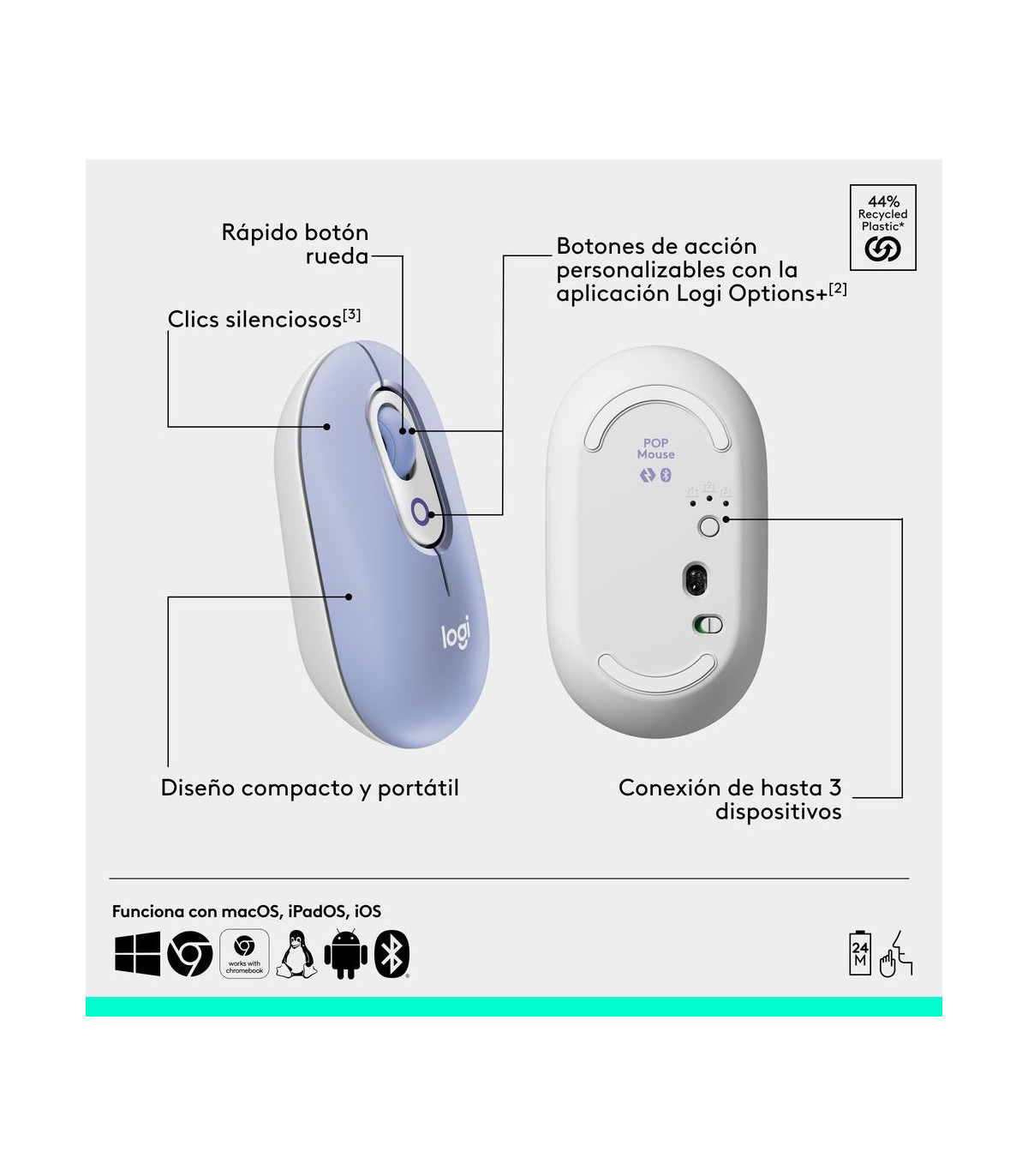 Raton inalambrico logitech pop mouse lila