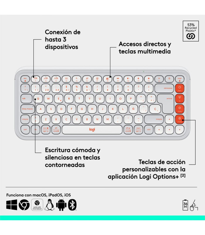 Teclado logitech pop icon keys inalambrico blanco - naranja