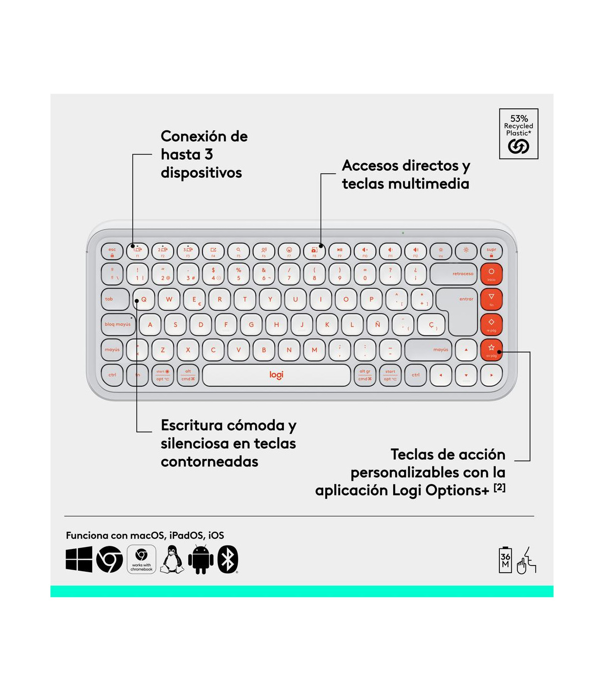 Teclado logitech pop icon keys inalambrico blanco - naranja