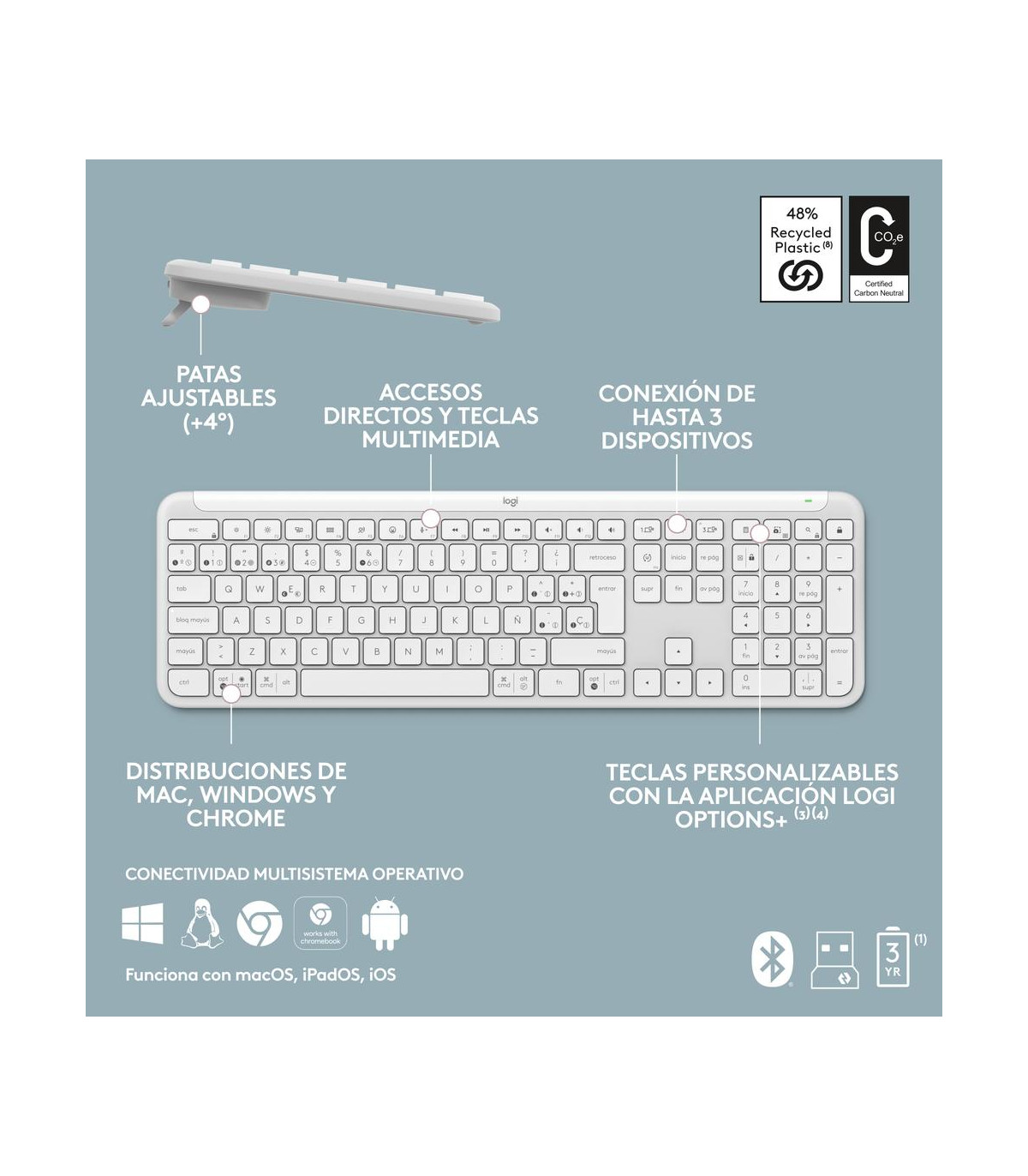 Teclado + raton logitech mk950 inalambrico blanco